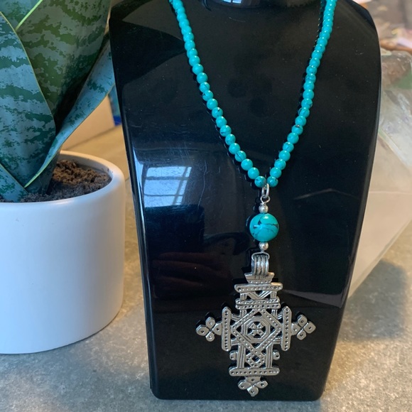 White Turquoise & Wood Beaded Cross Necklace main image 1